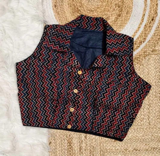 Natural Dye Ajrakh Collar Neck Blouse with Wooden Button